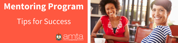 "AMTA's Mentoring Program - Tips for Success" and younger female smiling with older smiling female at a table